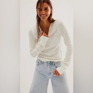 We The Free Free People White Waffle Knit Thermal Long Sleeve Top Size S